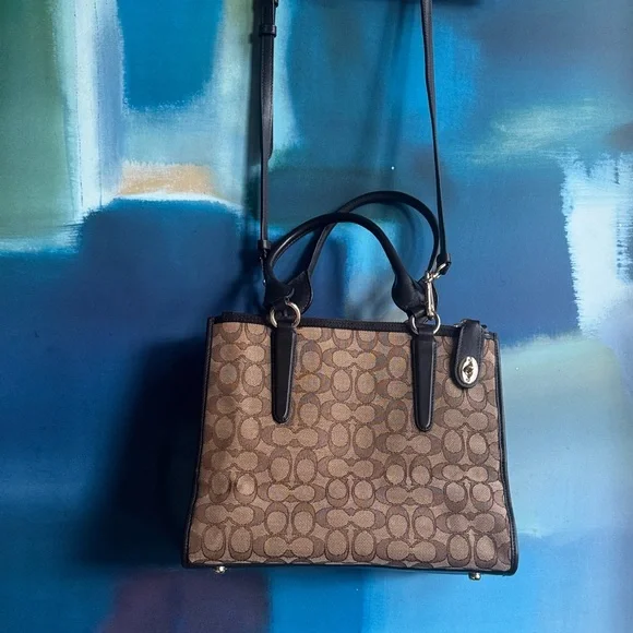 Coach Tan and Black Signature Crosby Carryall Satchel Purse Bag - Picture 10 of 15